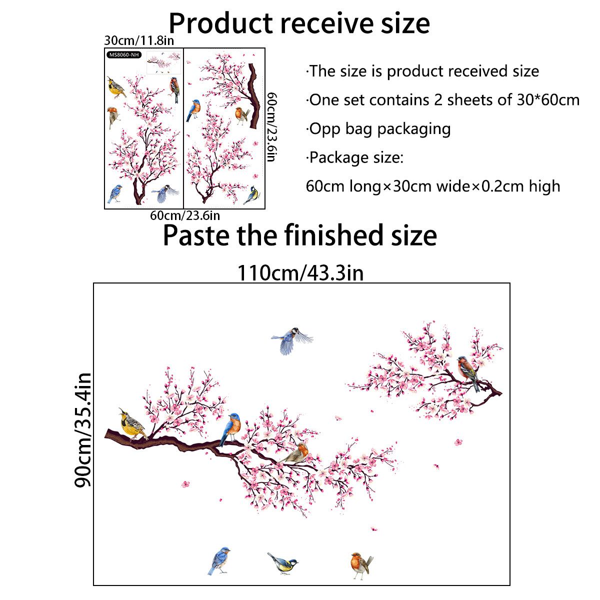 Cherry Blossom Wall Art Decals Bird Branch Floral Wall Stickers for Living view 3