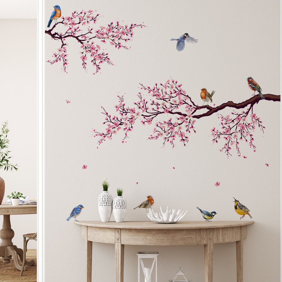 Cherry Blossom Wall Art Decals Bird Branch Floral Wall Stickers for Living view 4
