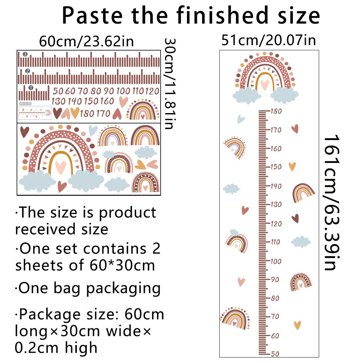 Rainbow Cloud Heart Height Growth Chart for Kids Removable Measure Wall Ruler