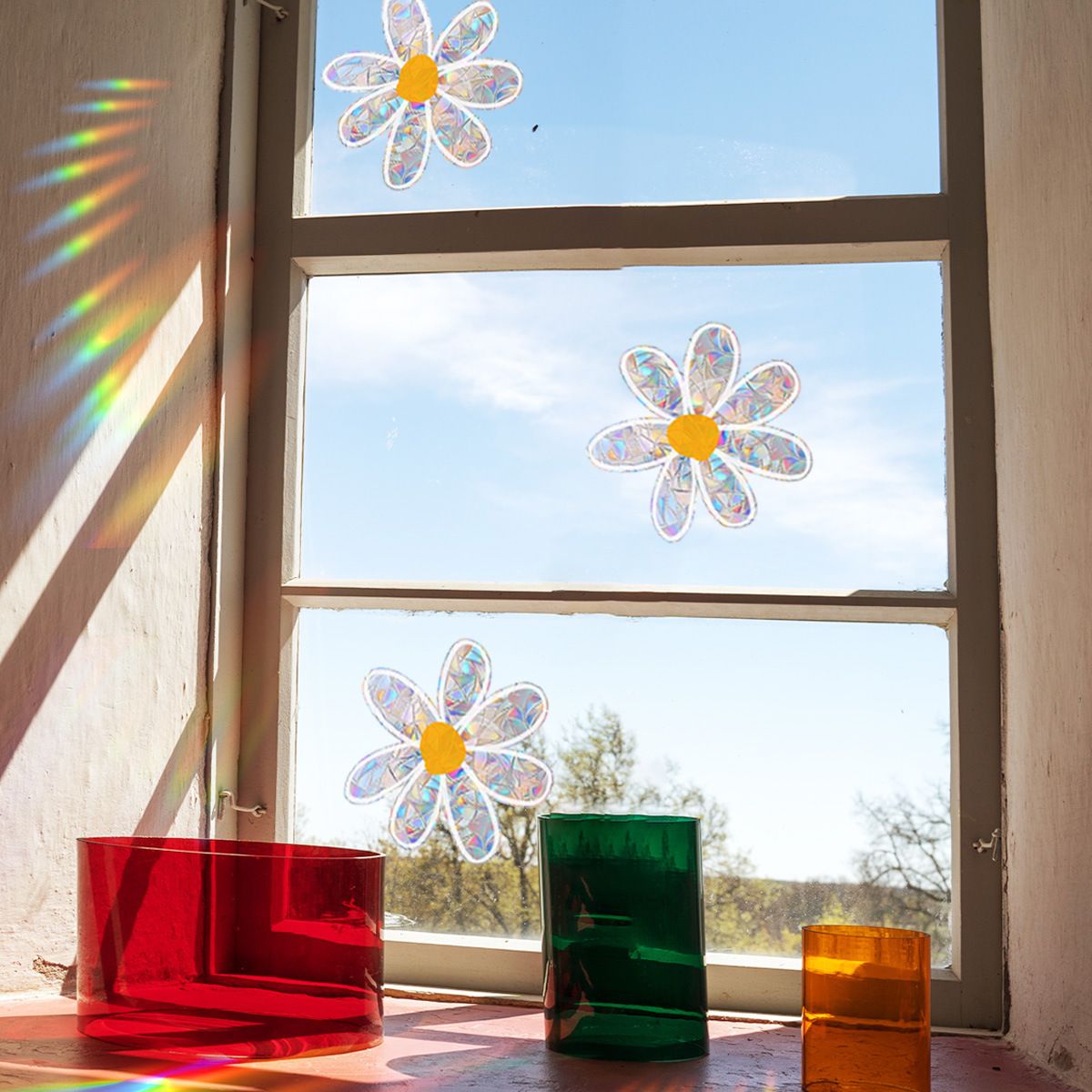 3pcs Flowers Suncatchers Stickers for Glass Window Stickers Shiny Rainbow