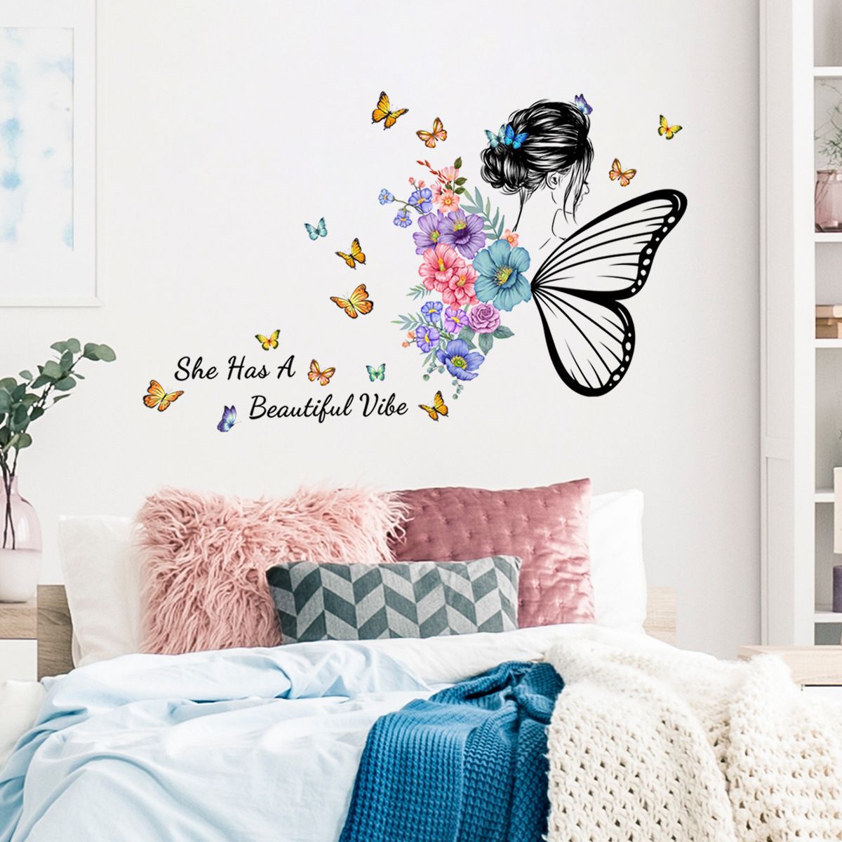 Butterfly Girl Wall Decals Colorful Girl Butterfly Flower Inspirational Quote