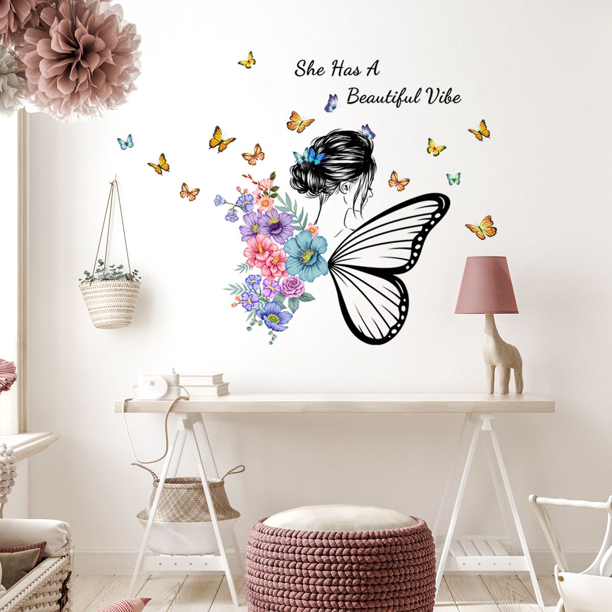 Butterfly Girl Wall Decals Colorful Girl Butterfly Flower Inspirational Quote view 2