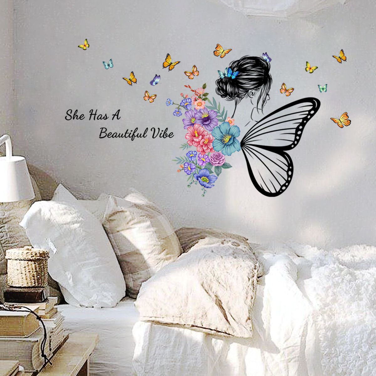 Butterfly Girl Wall Decals Colorful Girl Butterfly Flower Inspirational Quote view 3