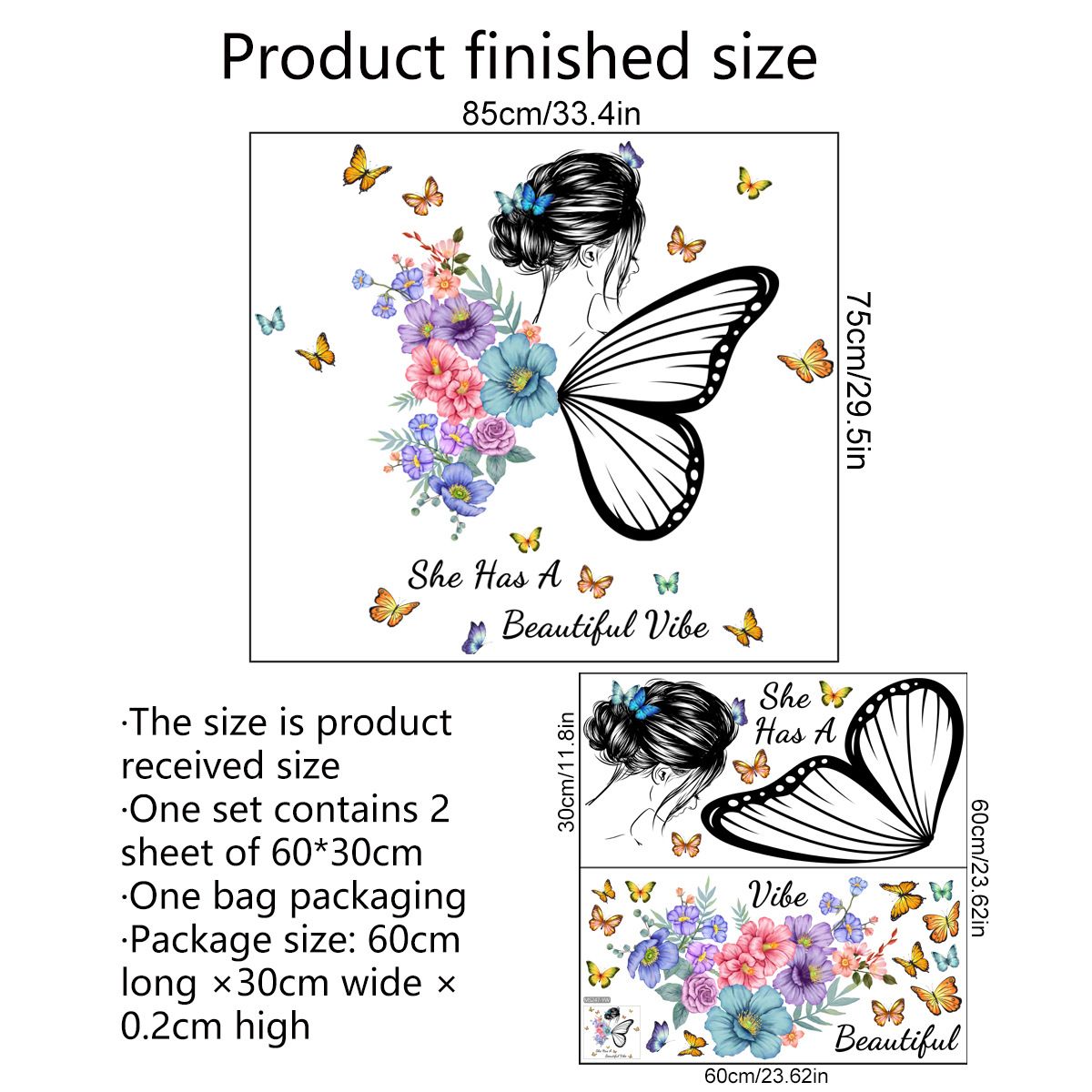 Butterfly Girl Wall Decals Colorful Girl Butterfly Flower Inspirational Quote view 4