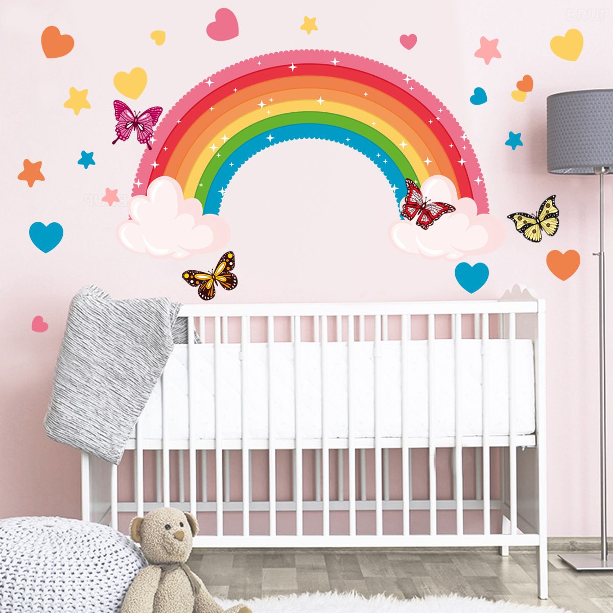 Rainbow Wall Sticker Colorful Butterfly Rabbit Elephant Animal Rainbow Cloud — image 1