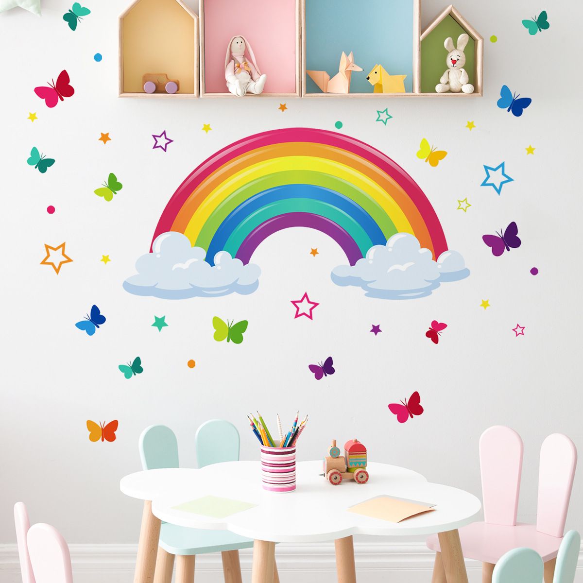 Rainbow Wall Sticker Colorful Butterfly Rabbit Elephant Animal Rainbow Cloud view 2