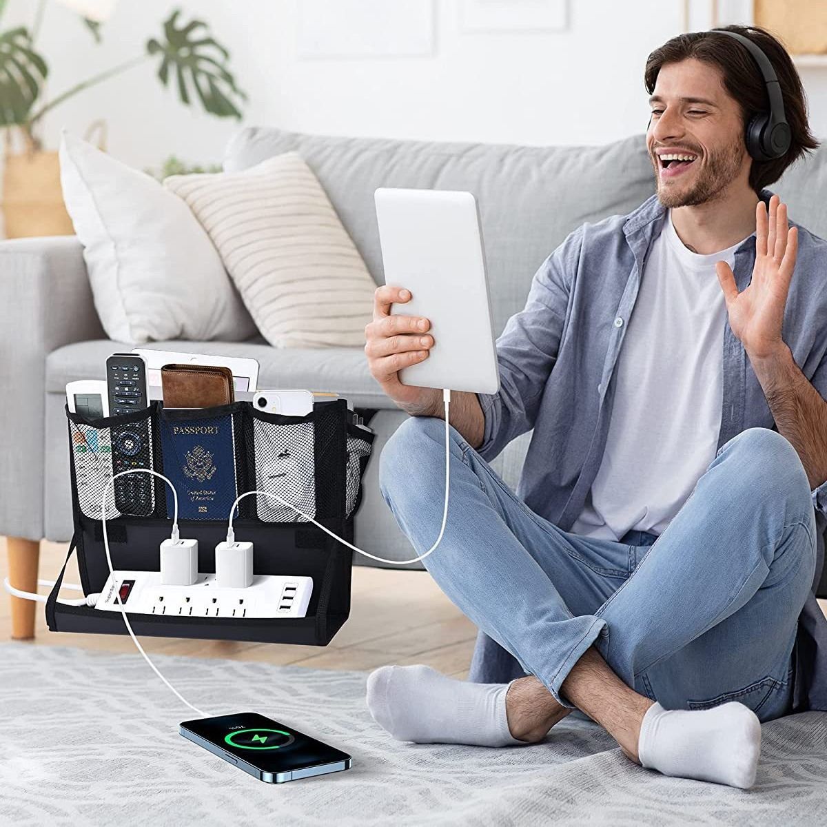 Bedside Caddy, Hanging Bedside Organizer with Power Strip Holder, Bedside