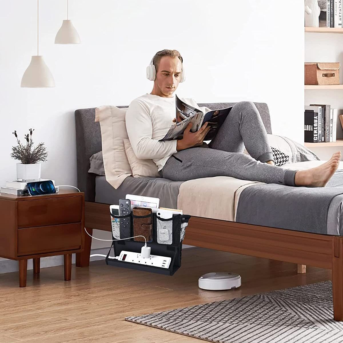 Bedside Caddy, Hanging Bedside Organizer with Power Strip Holder, Bedside view 2