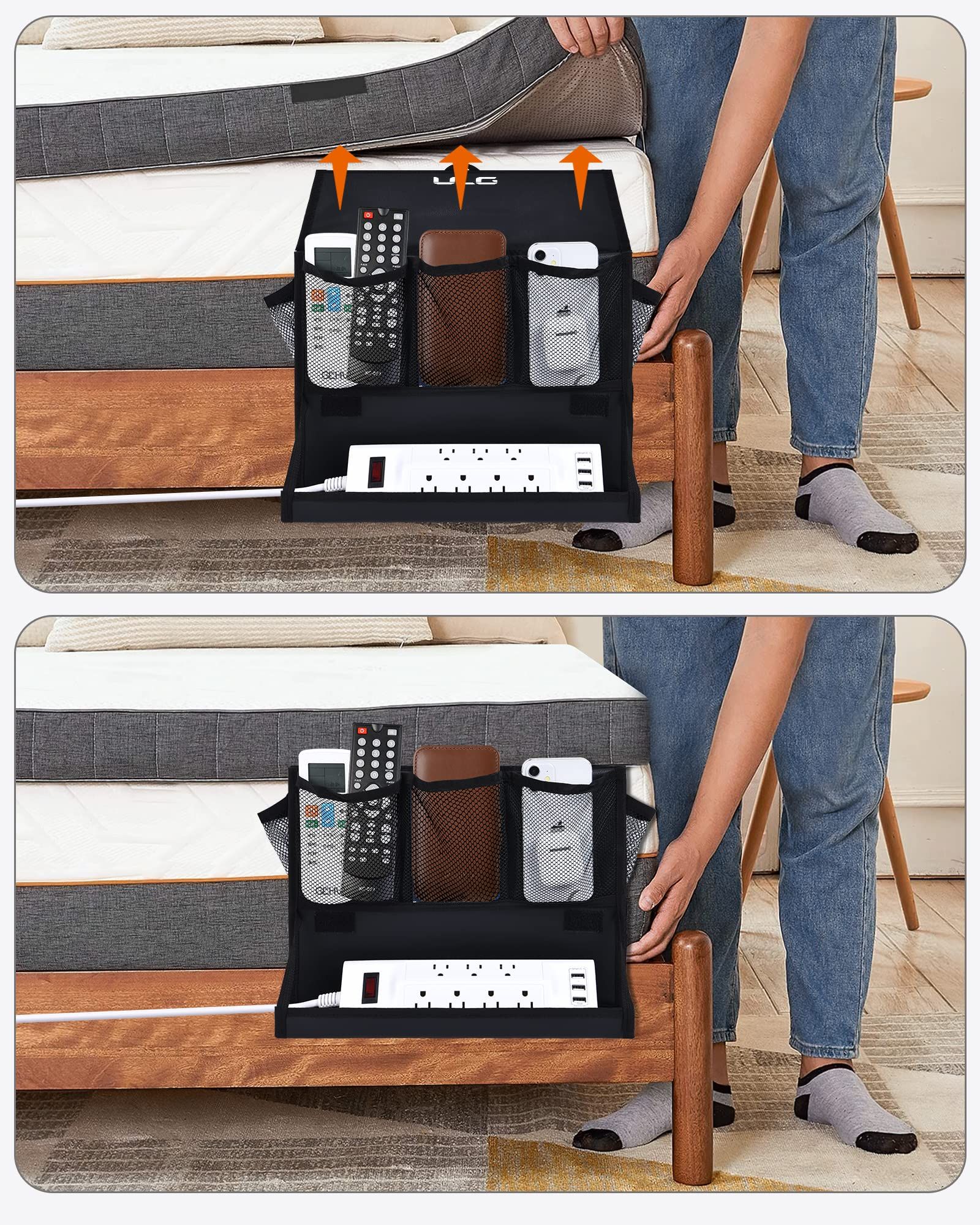 Bedside Caddy, Hanging Bedside Organizer with Power Strip Holder, Bedside view 3