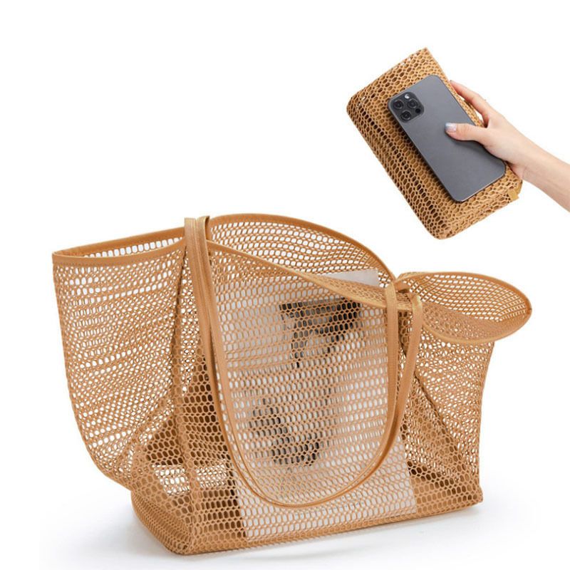 Summer Mesh Beach Tote Bag with Zip Inner Pocket Large Capacity Womens