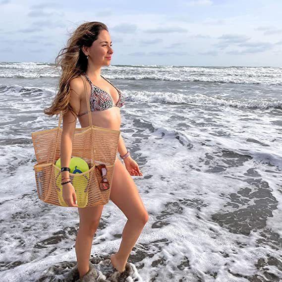 Summer Mesh Beach Tote Bag with Zip Inner Pocket Large Capacity Womens view 2