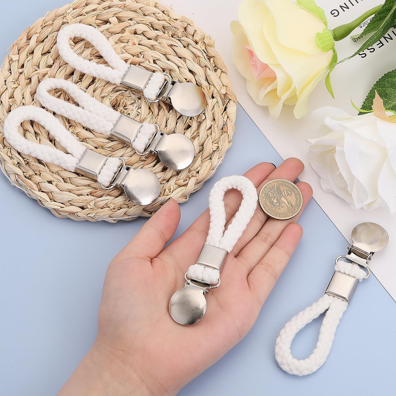 8Pcs Braided Cotton Loop Cloth Hanger Holder Iron Towel Clips with Cotton Cord view 2