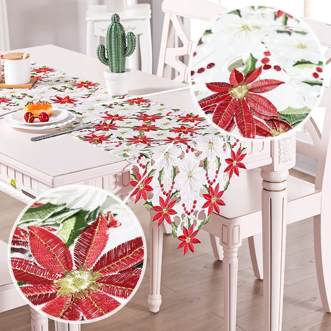 OurWarm Christmas Embroidered Table Poinsettia Holly Leaf Table Linens for