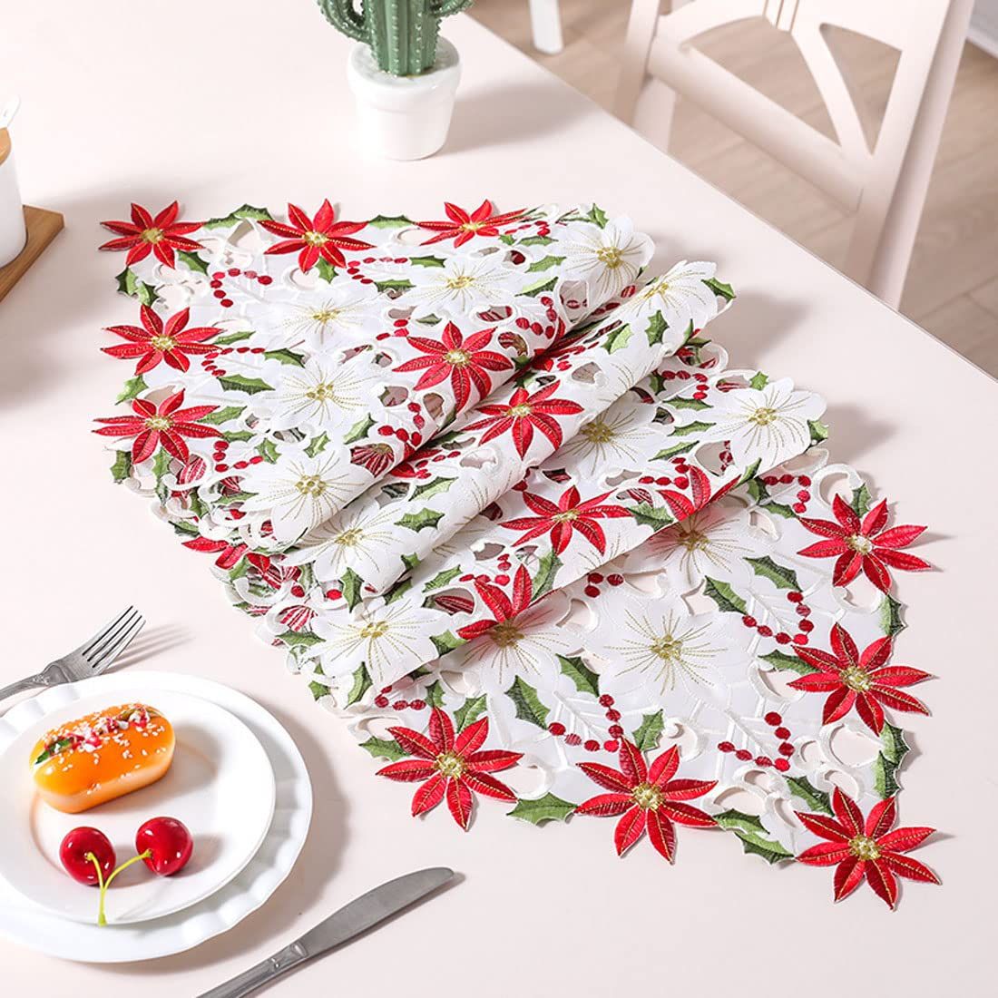OurWarm Christmas Embroidered Table Poinsettia Holly Leaf Table Linens for view 4