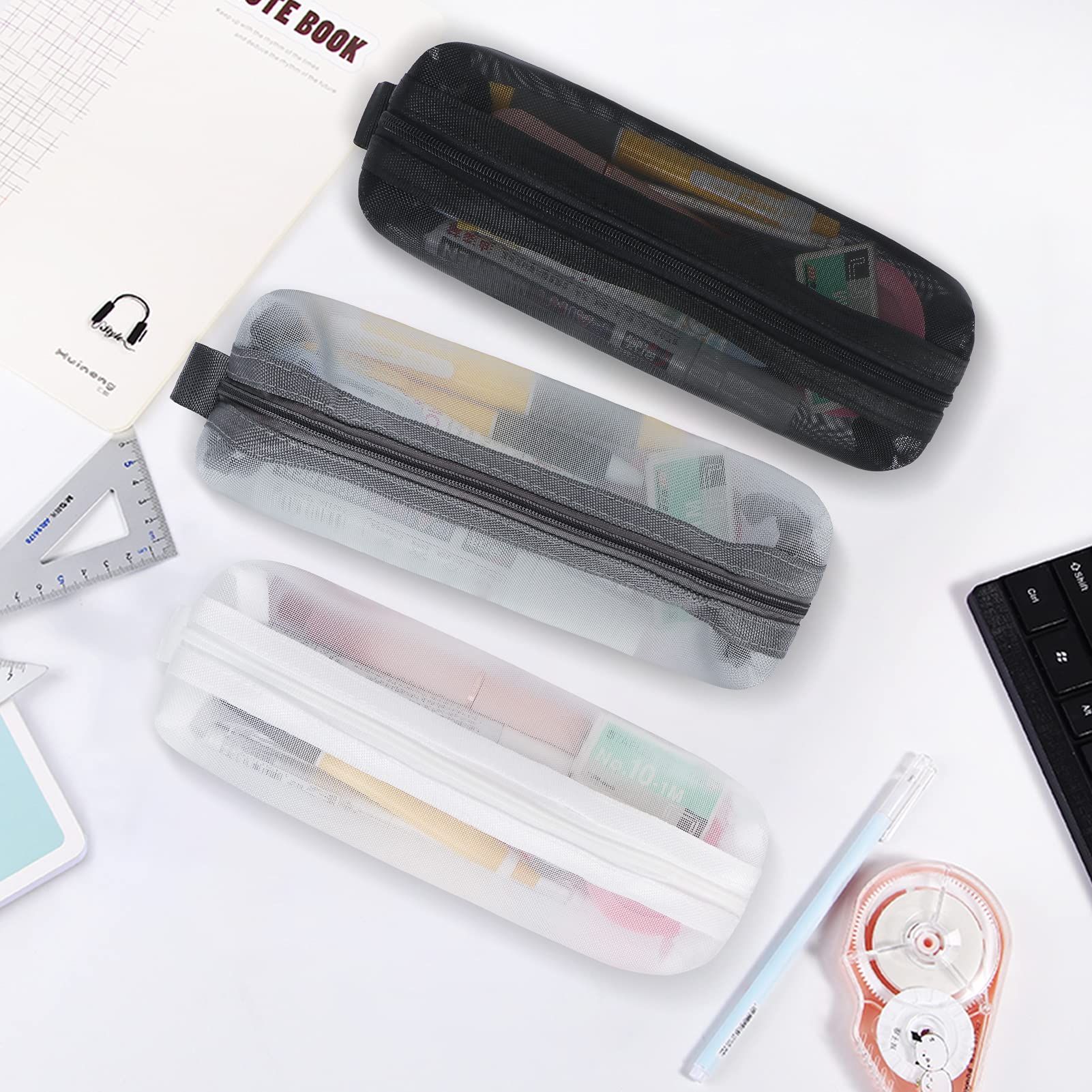 Mesh Pen Bag, 3 Pack Zipper Mesh Pouch, Multifunctional Clear Pencil Case