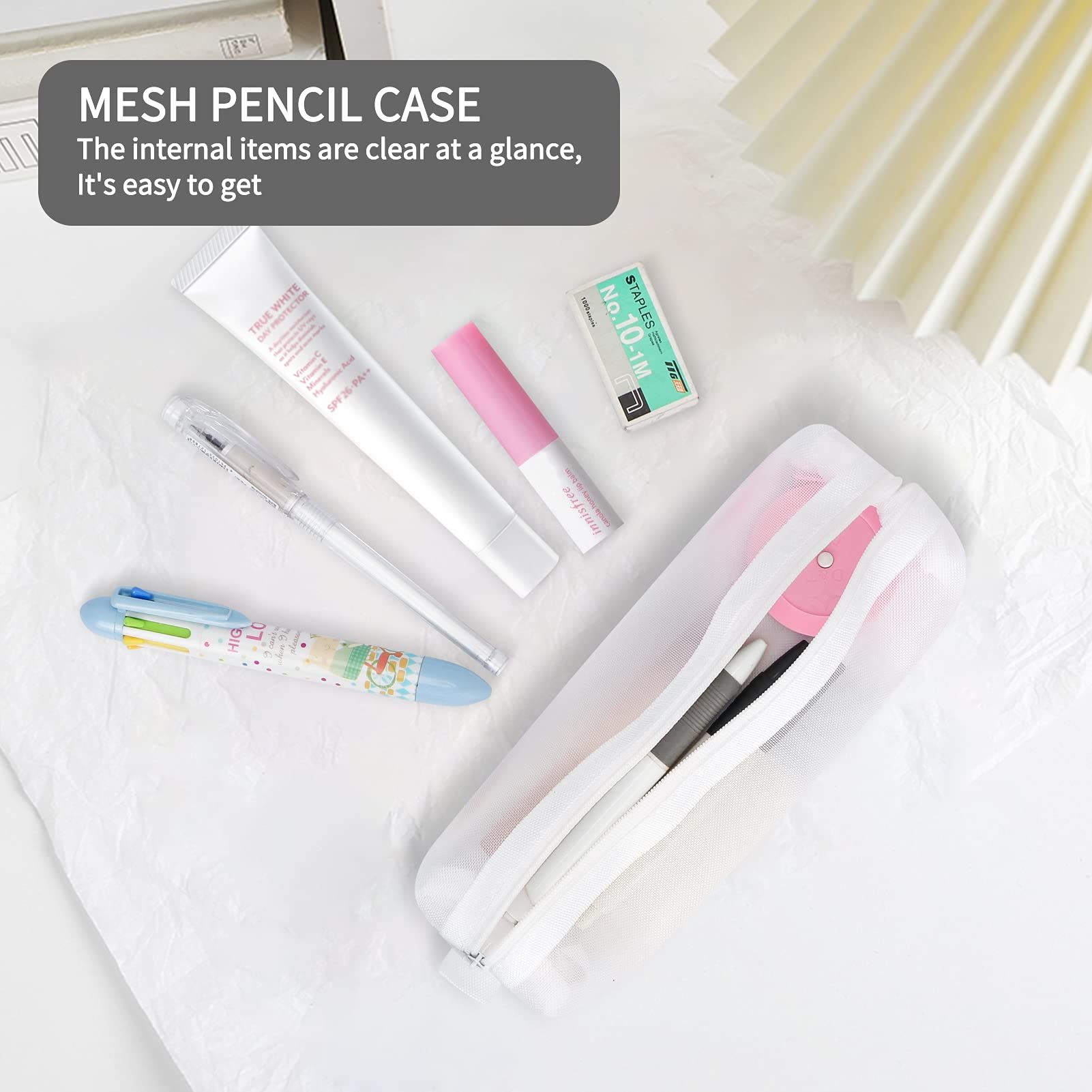 Mesh Pen Bag, 3 Pack Zipper Mesh Pouch, Multifunctional Clear Pencil Case view 2