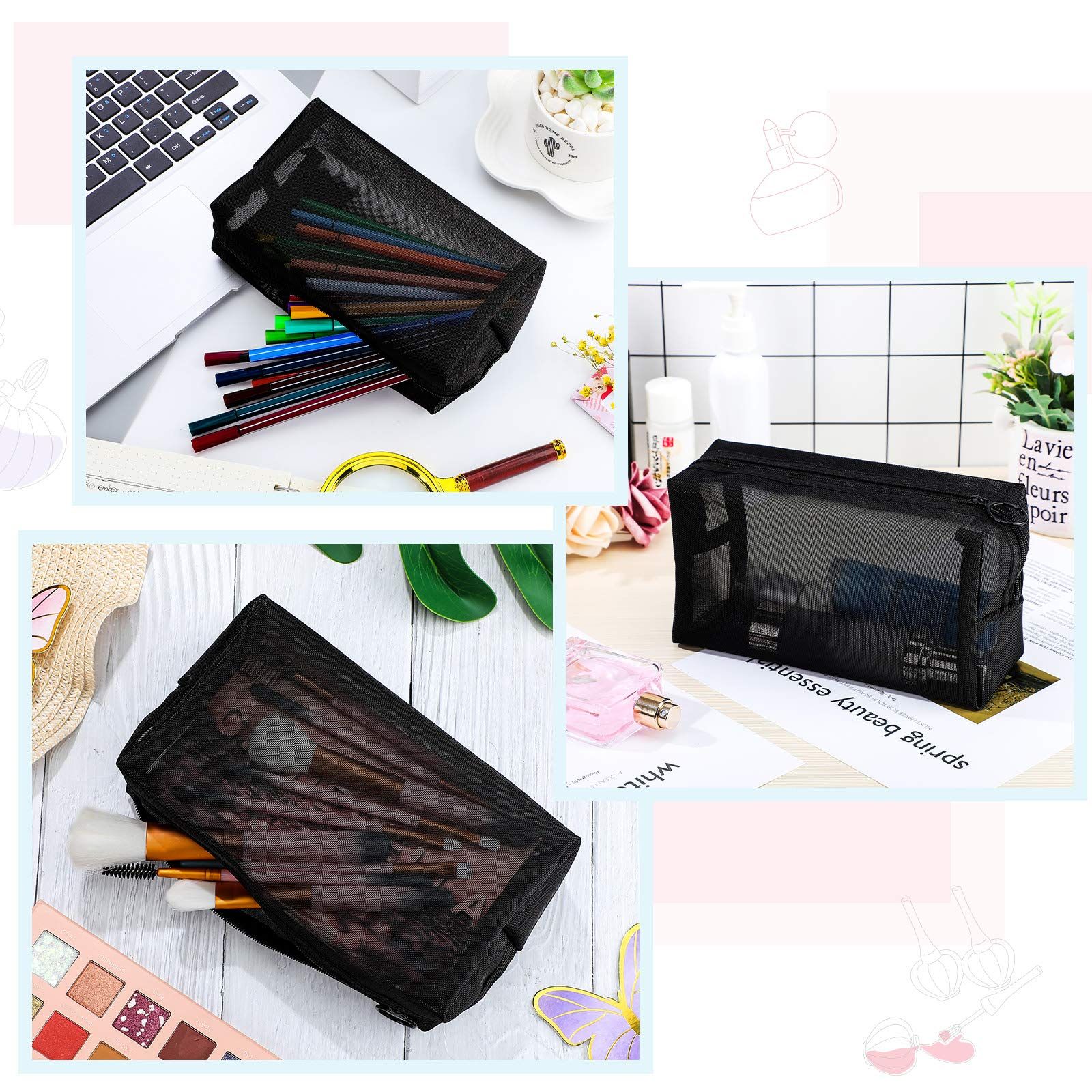 5 Pieces Mesh Makeup Bag Portable Toiletry Bag Travel Mesh Cosmetic Bag Black view 3