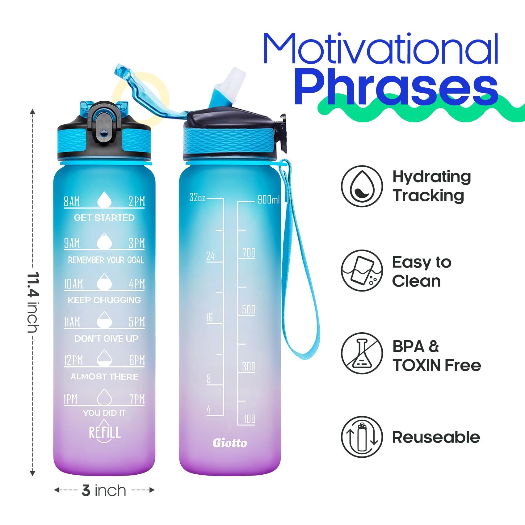 32oz Large Leakproof BPA Free Drinking Water Bottle with Time Marker & Straw view 2