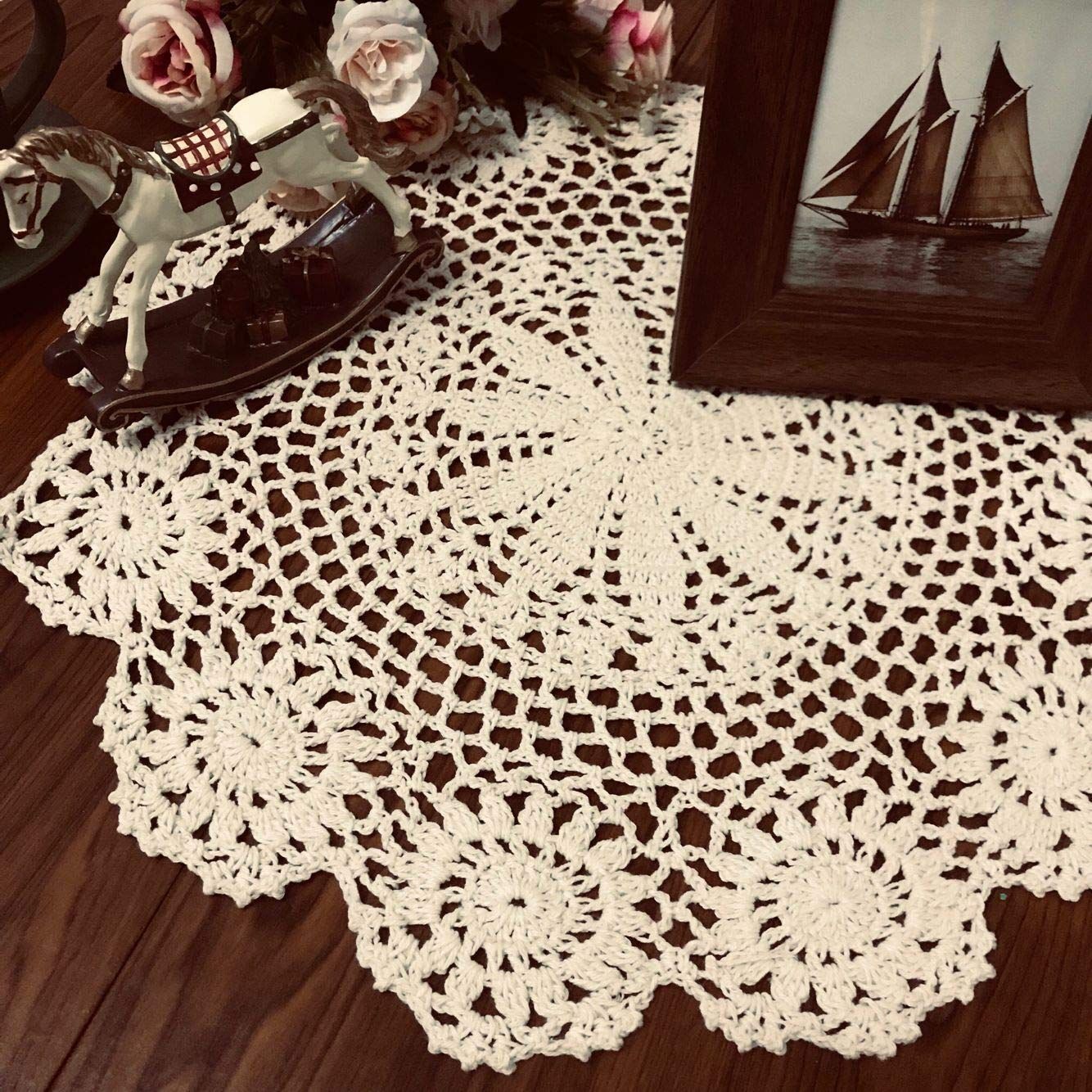 Beige 13 Inch Round Handmade Cotton Lace Tablecloths Placemats view 2