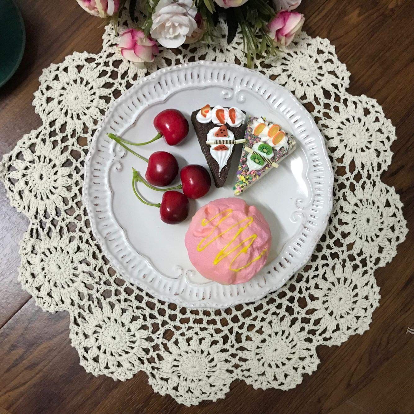 Beige 13 Inch Round Handmade Cotton Lace Tablecloths Placemats view 3