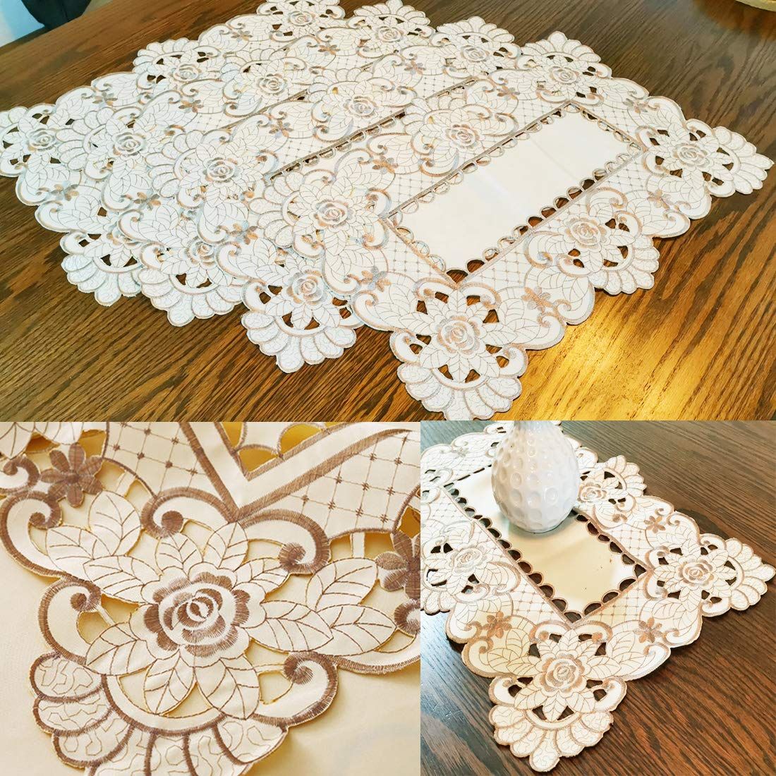 17 Inch X 11 Inch Embroidered Flower Brown Place mats view 3