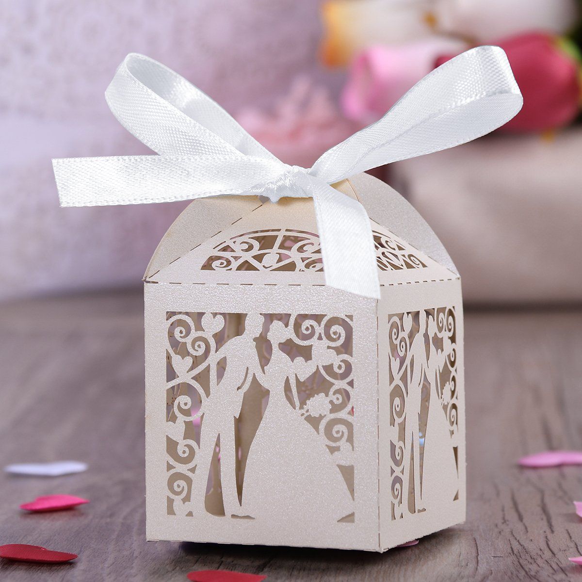 100pcs Wedding Candy Boxes Couple Design Luxury Party Wedding Favor Ribbon view 2