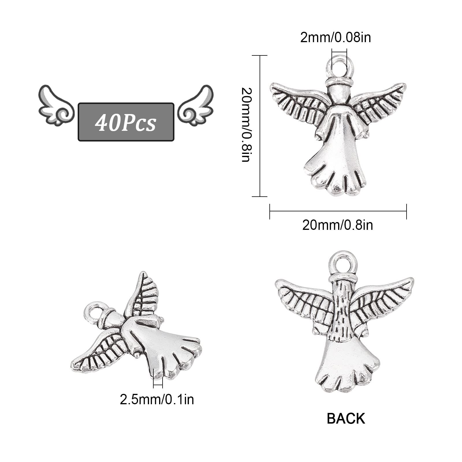 40Pcs Angel Charms Guardian Angel Charm Bulk Tibetan Style Alloy Wings Double view 3