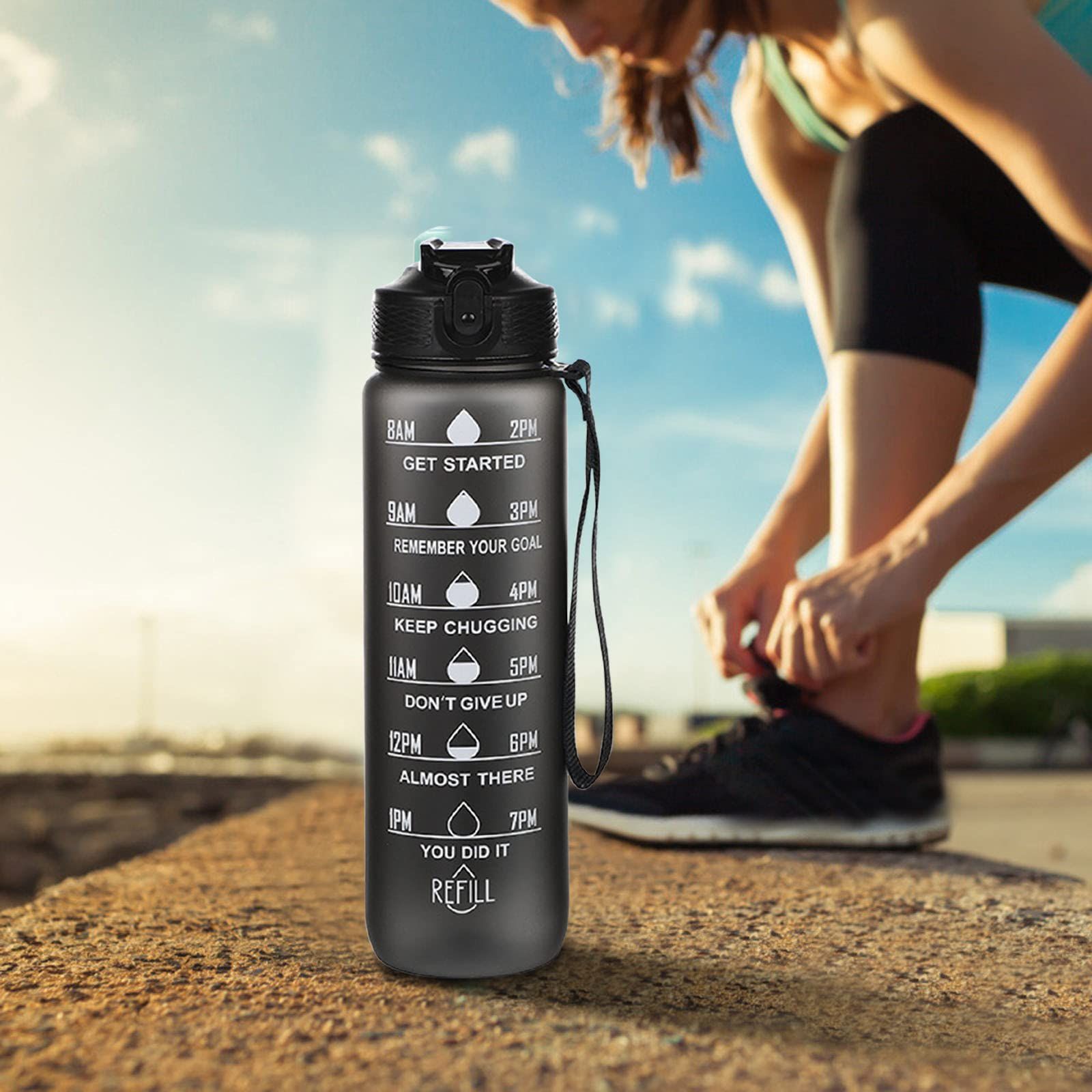 32oz Leakproof Motivational Sports Water Bottle with Straw & Time Marker view 2