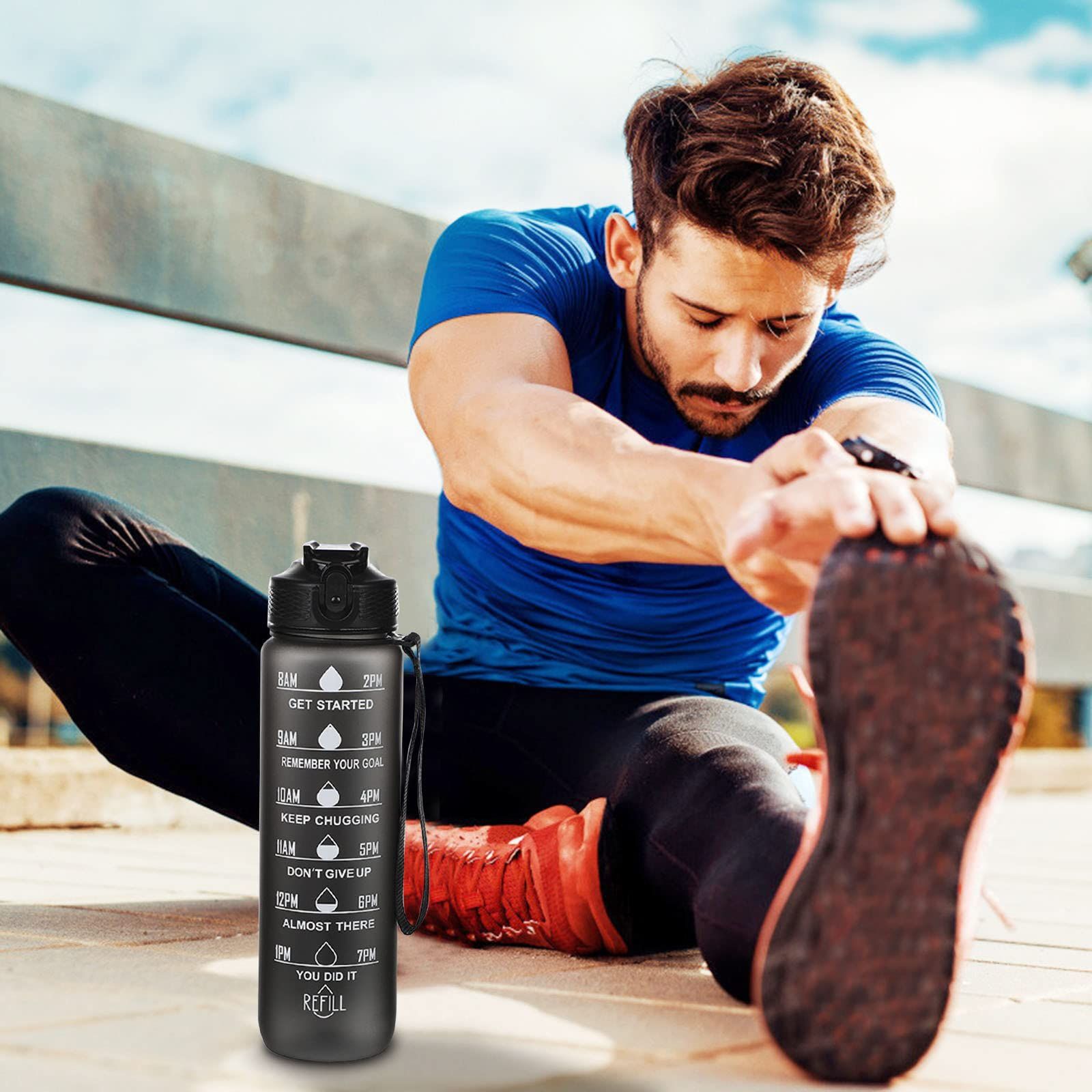 32oz Leakproof Motivational Sports Water Bottle with Straw & Time Marker view 4