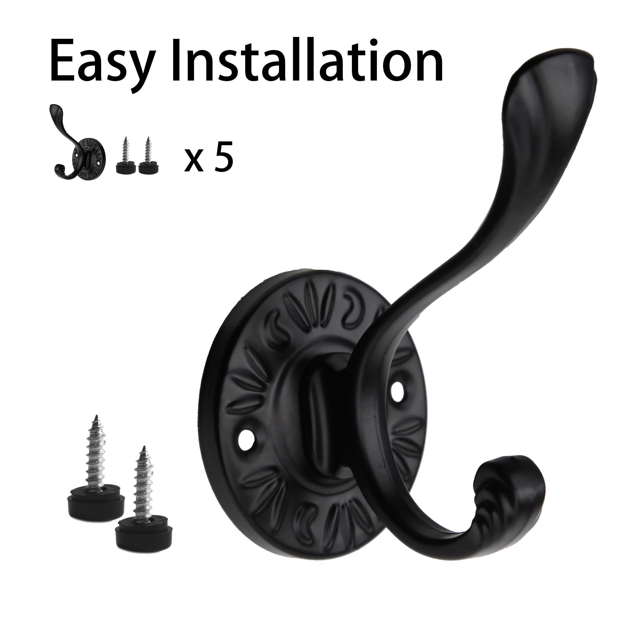 5pcs Black Coat Hooks Wall Mounted Coat Hooks Farmhouse Matte Black Wall Hooks view 2