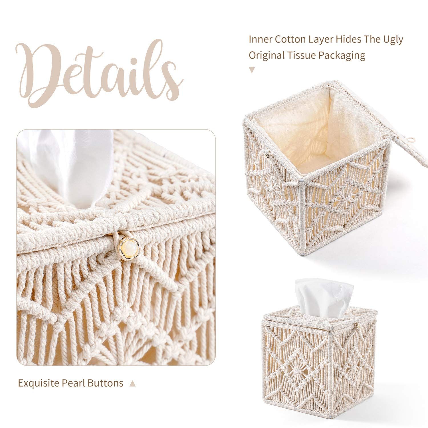 Tissue Box Cover Square Tissues Holder with Bead Buckle