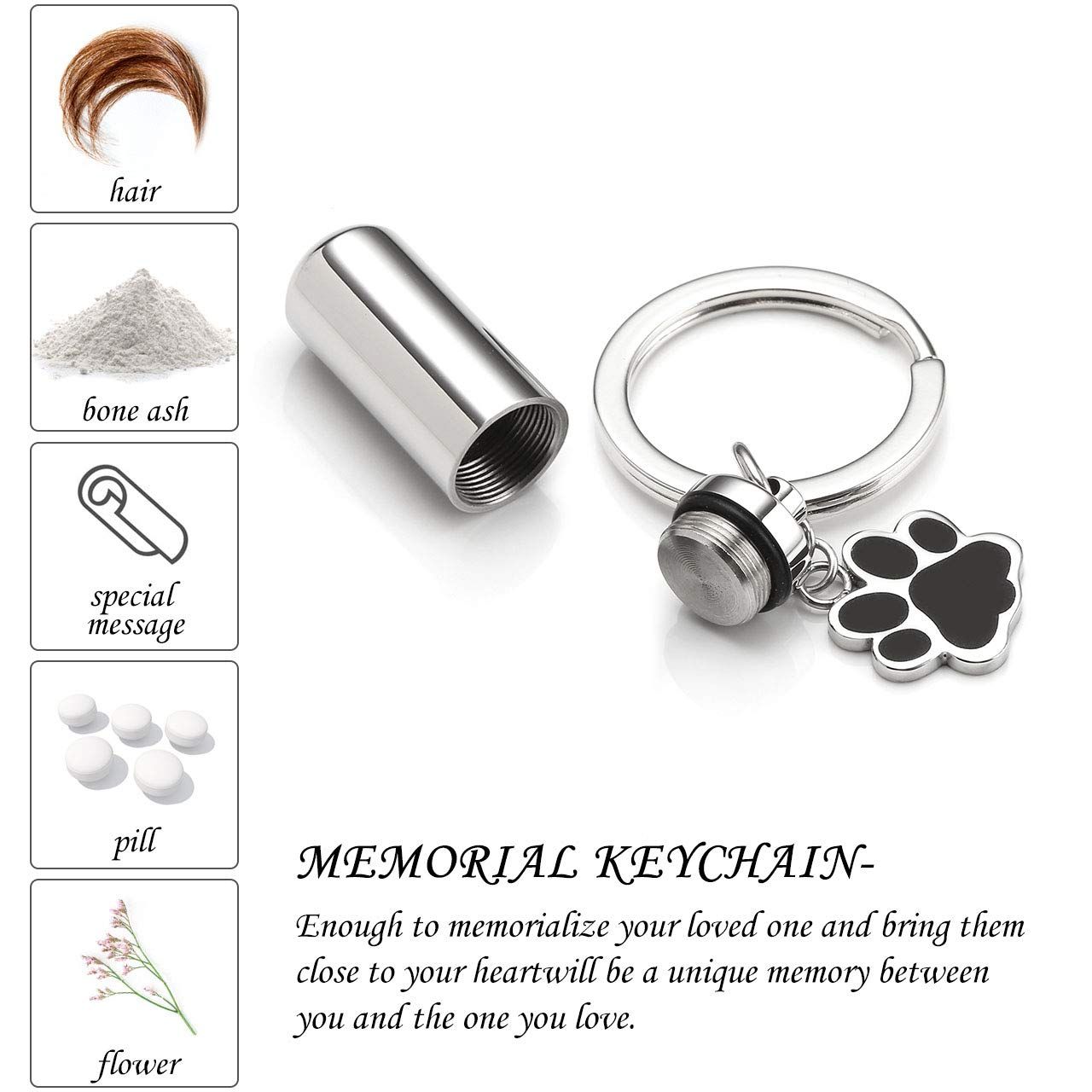 Stainless Steel Pet Cat Dog Paw Container Urn Memorial Pendant Keychain Ash view 3