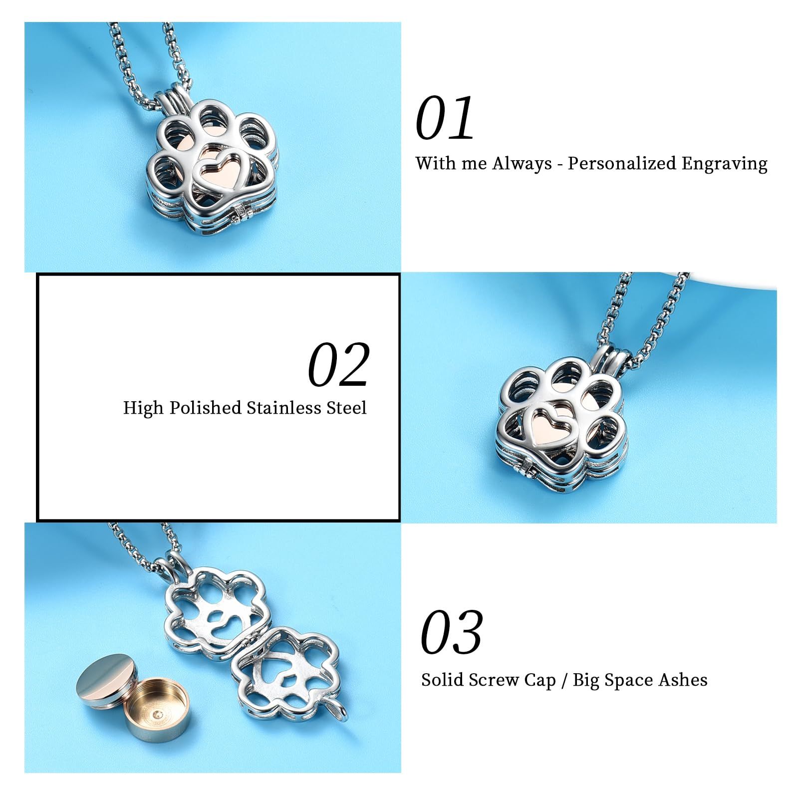 Pet Cremation Jewelry For Ashes For Dog/Cat Paw Stainless Steel Memorial view 4