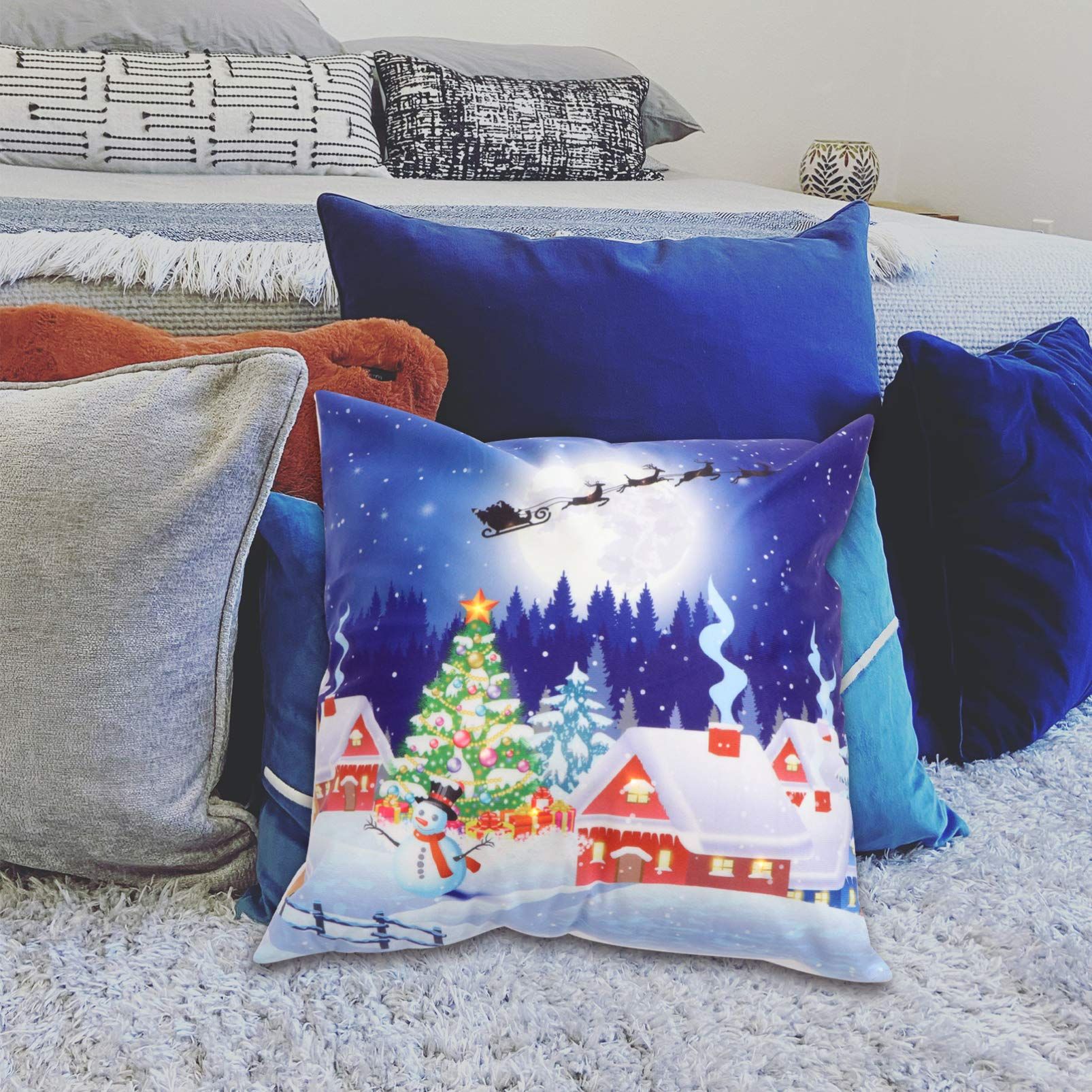 LED Light Pillow Cover Winter Light Up Pillowcase Holiday Decorative Throw view 2