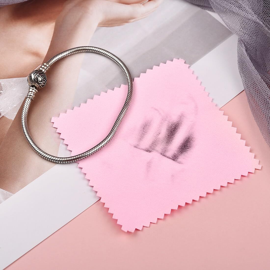 100pcs Jewelry Cleaning Cloth Pink Polishing Cloth for Sterling Silver Gold