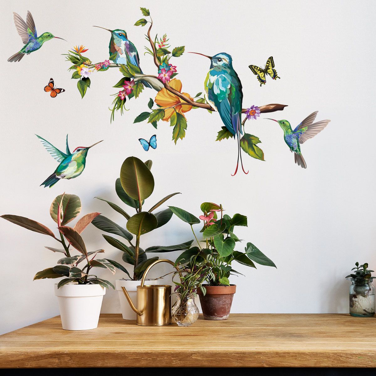 3D Colorful Birds on Tree Branch Wall Art Sticker -Flower Hummingbirds