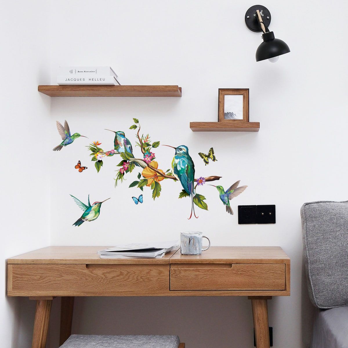 3D Colorful Birds on Tree Branch Wall Art Sticker -Flower Hummingbirds view 2