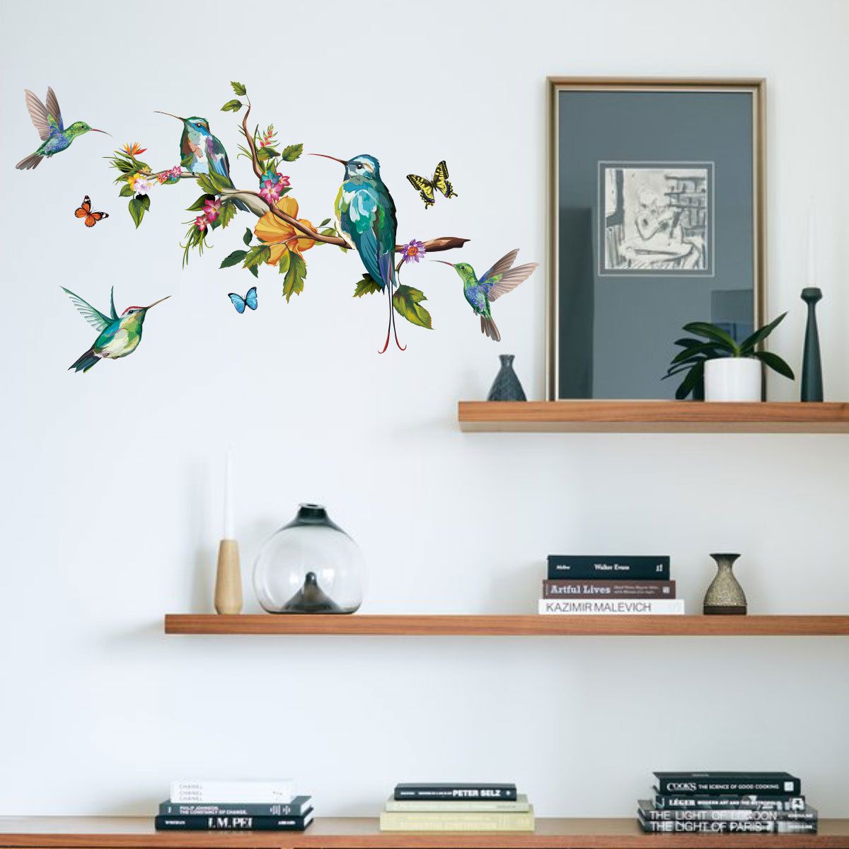 3D Colorful Birds on Tree Branch Wall Art Sticker -Flower Hummingbirds view 3