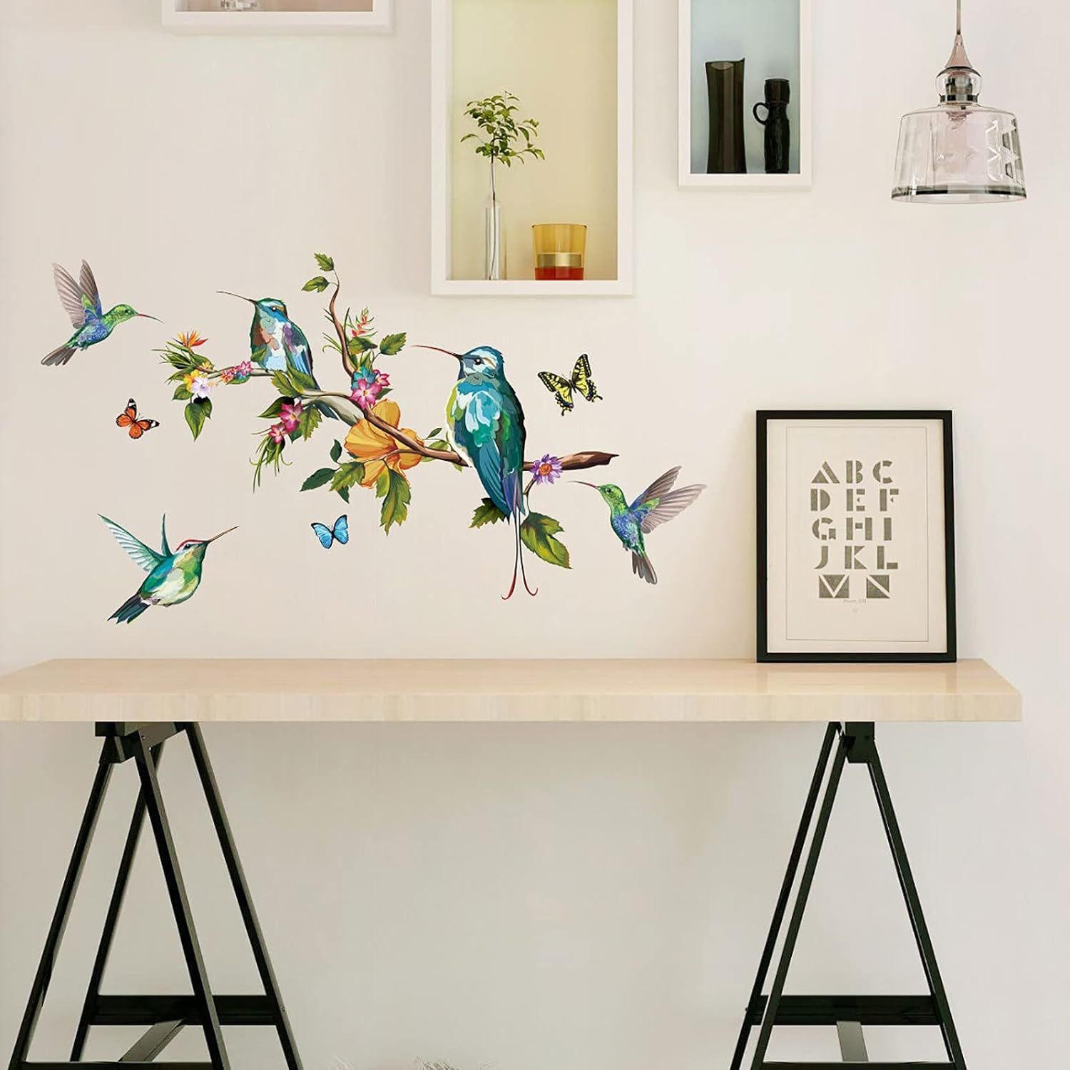 3D Colorful Birds on Tree Branch Wall Art Sticker -Flower Hummingbirds view 4