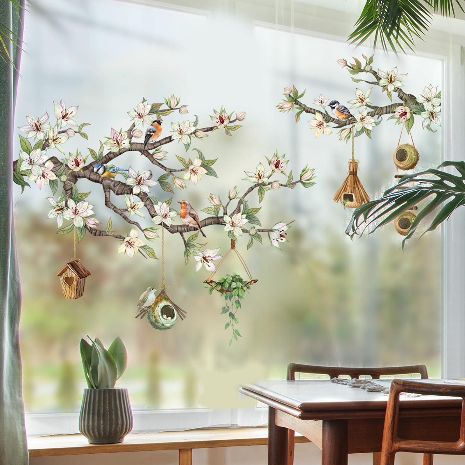 Watercolor Birds on Cherry Blossom Branches Window Clings Stickers Green Leaf view 2