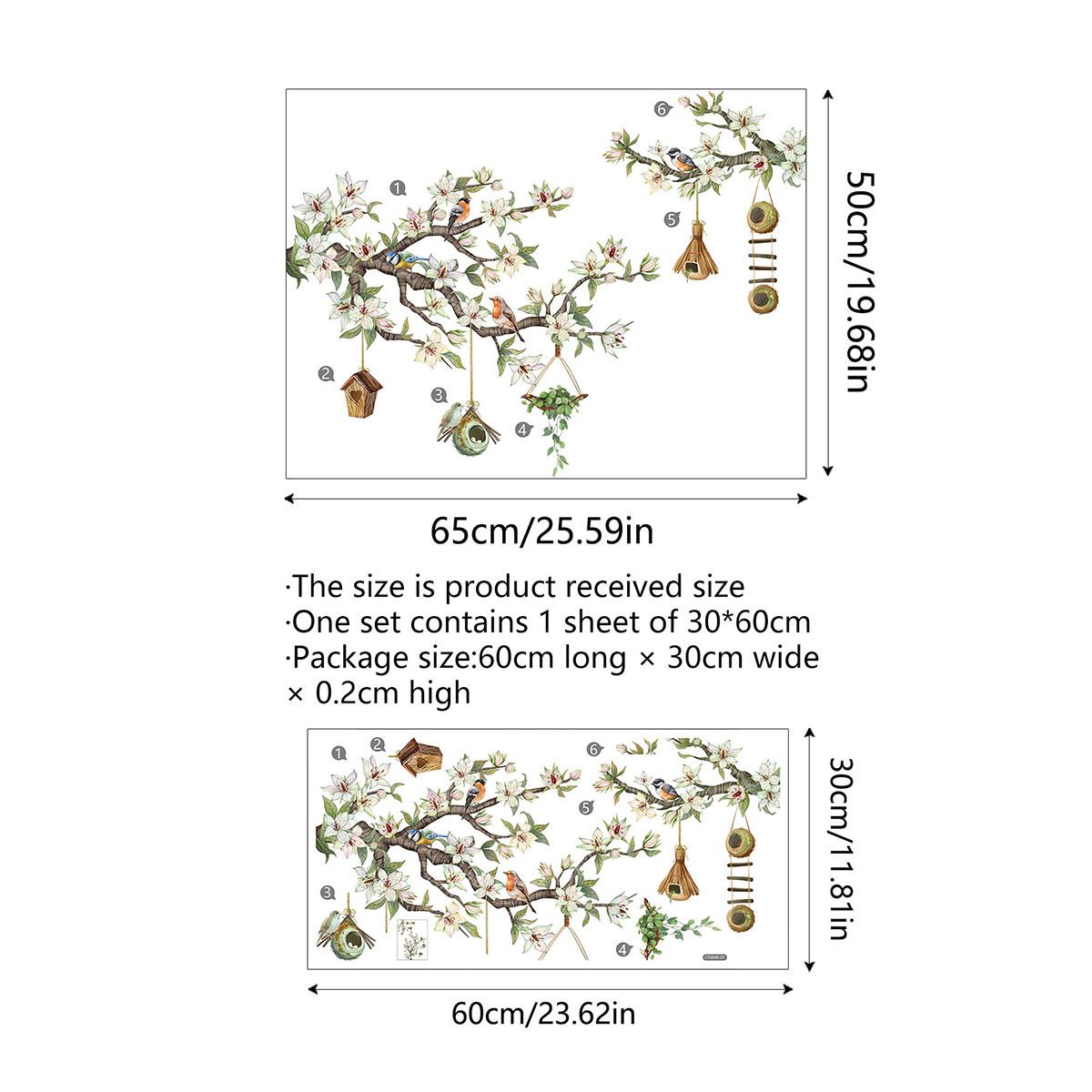 Watercolor Birds on Cherry Blossom Branches Window Clings Stickers Green Leaf view 3