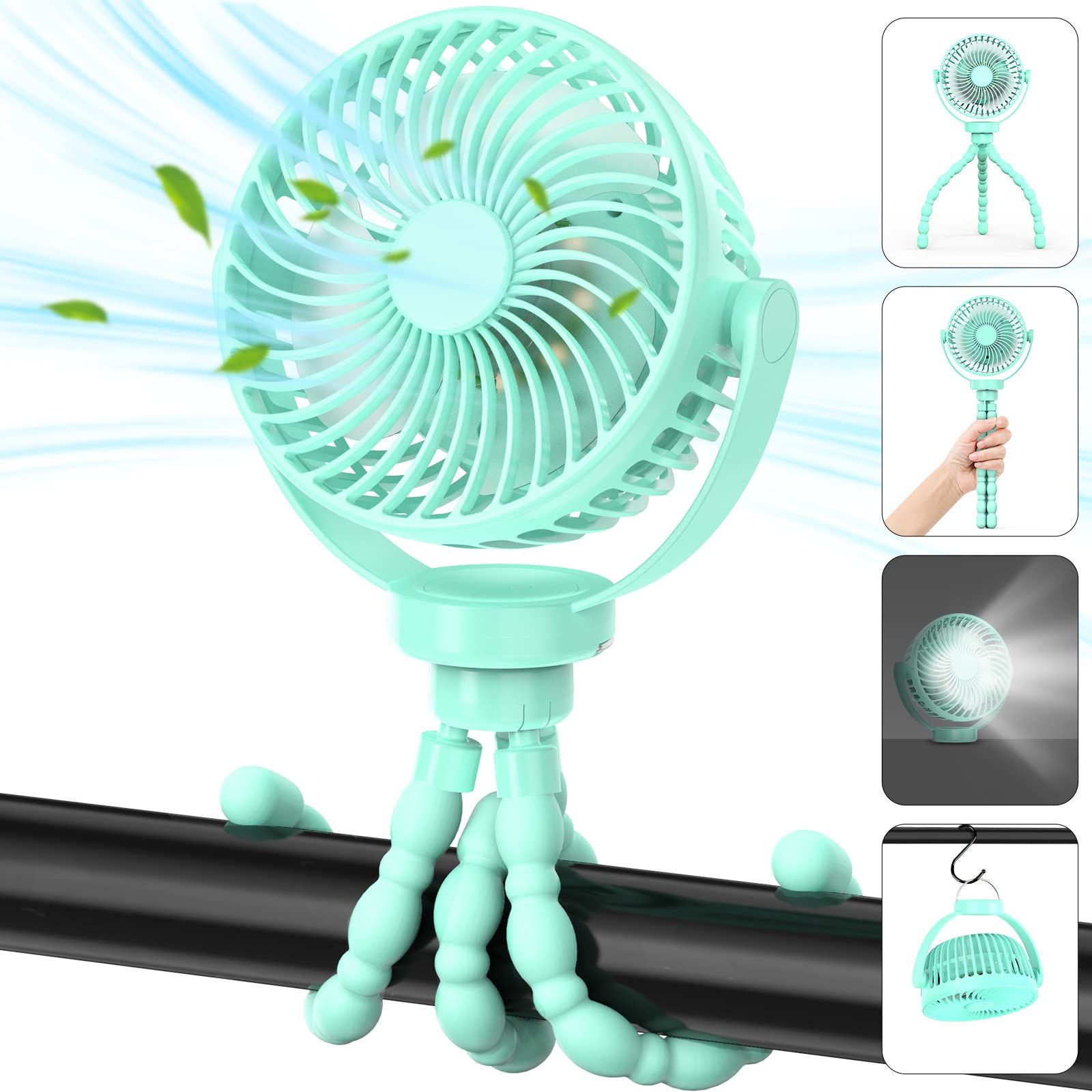 Baby Stroller Fan, Portable Fan with LED Lights, Mini Desk Hanging Fan Battery view 2