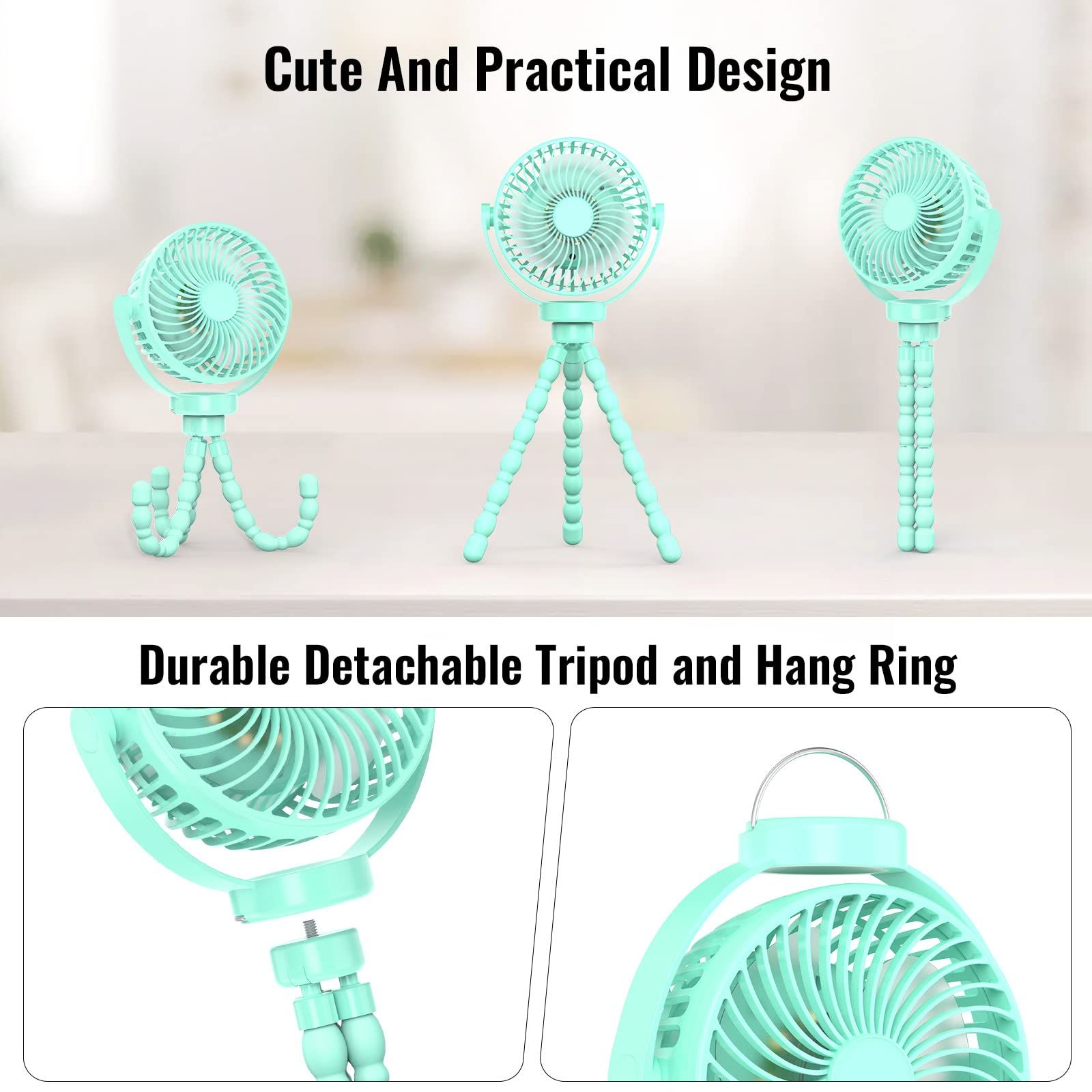 Baby Stroller Fan, Portable Fan with LED Lights, Mini Desk Hanging Fan Battery view 3
