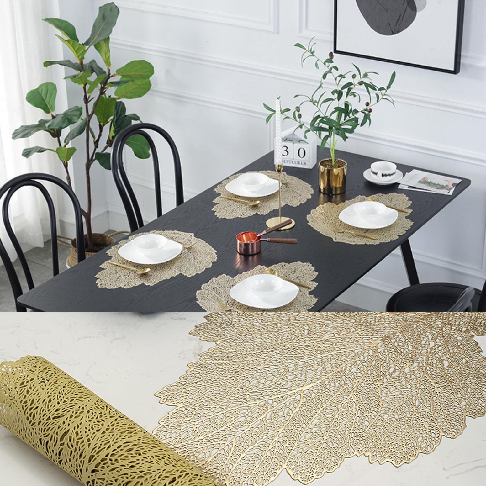 Placemats Set of 6, 15 Inch Metallic Vinyl Christmas Festival Lunch Mats Leaf view 2