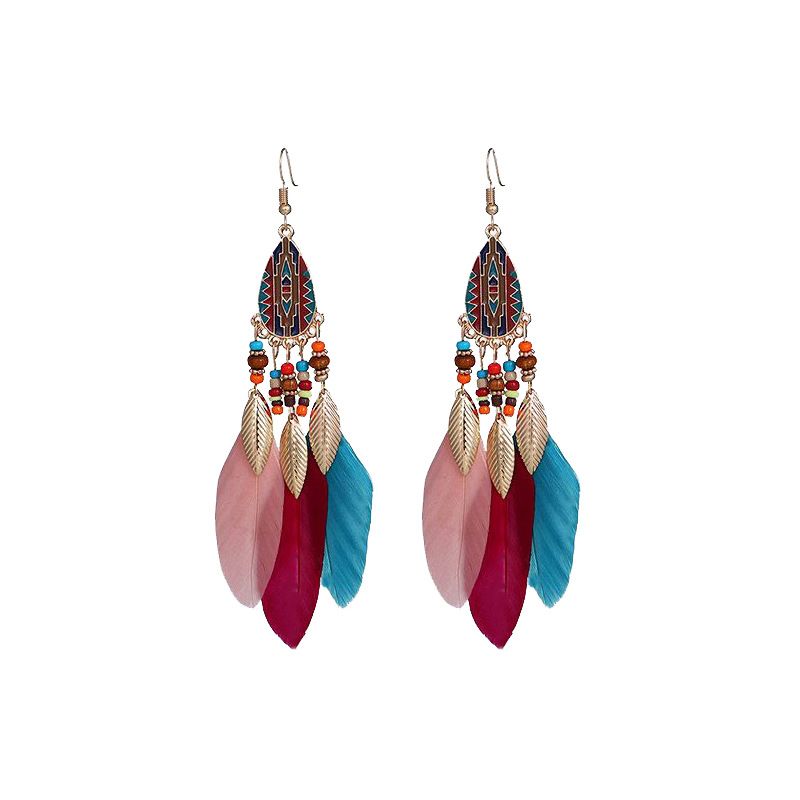 2pairs Vintage Long Tassel Feather Earrings for Women Girls Bohemian Handmade