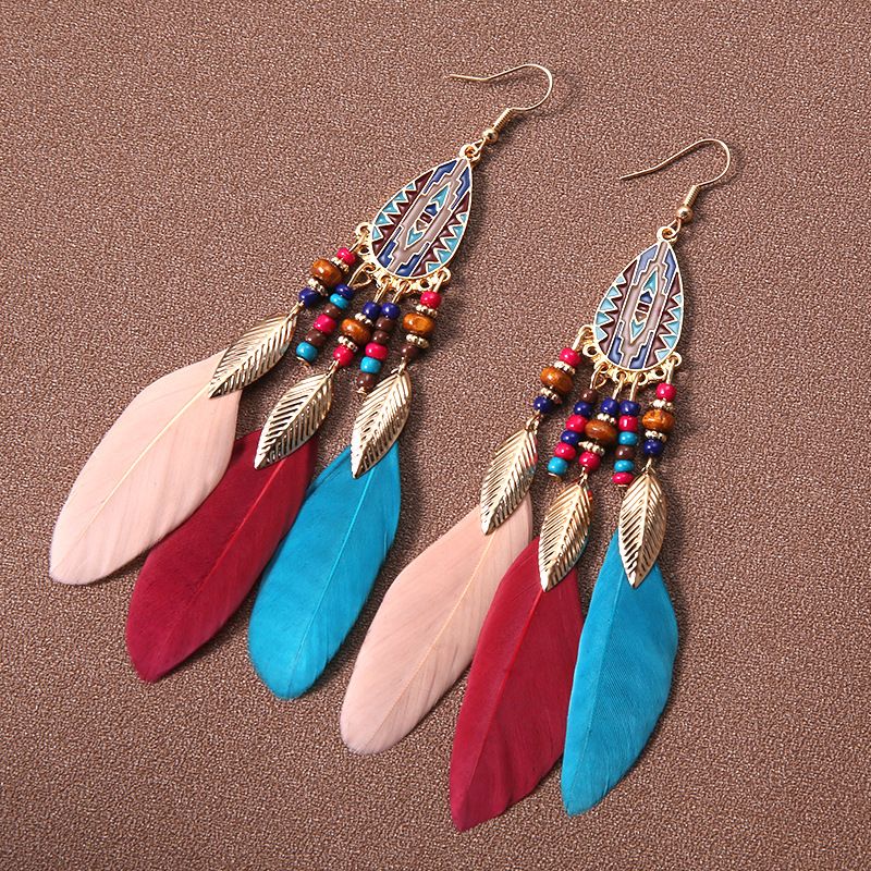 2pairs Vintage Long Tassel Feather Earrings for Women Girls Bohemian Handmade view 2
