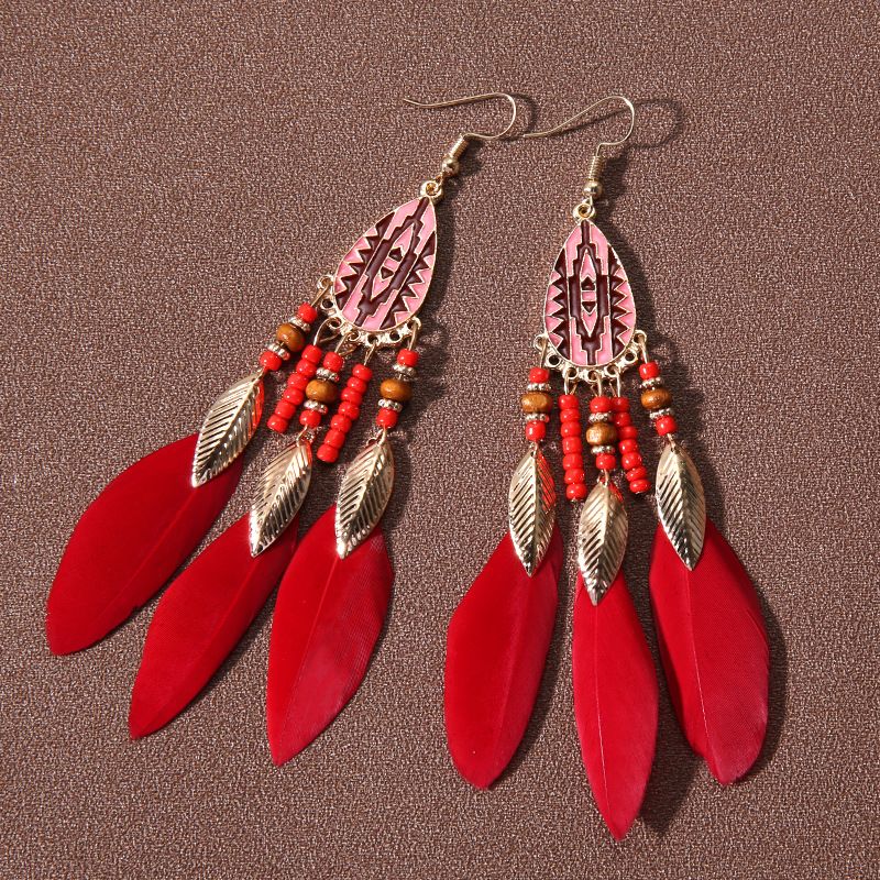 2pairs Vintage Long Tassel Feather Earrings for Women Girls Bohemian Handmade view 3