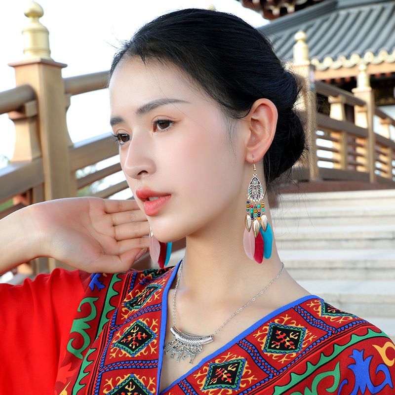 2pairs Vintage Long Tassel Feather Earrings for Women Girls Bohemian Handmade view 4