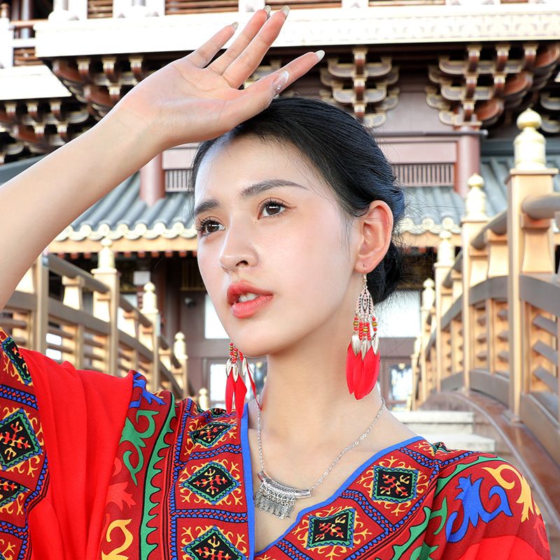 2pairs Vintage Long Tassel Feather Earrings for Women Girls Bohemian Handmade view 5