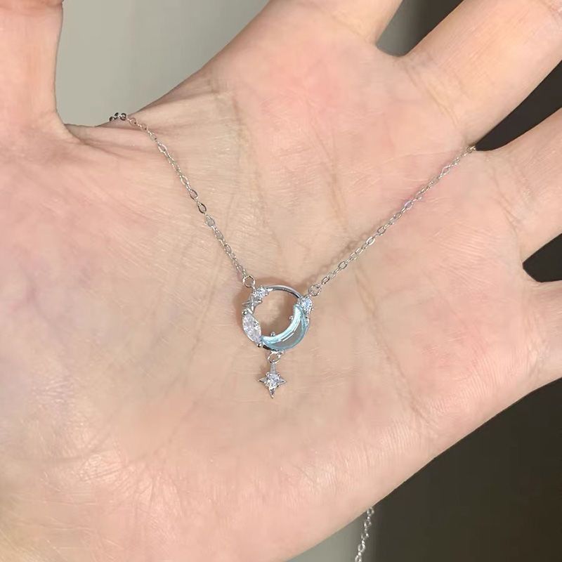 Moon and Star Necklace White Gold Plated Crescent Pendant Necklaces Cubic view 5